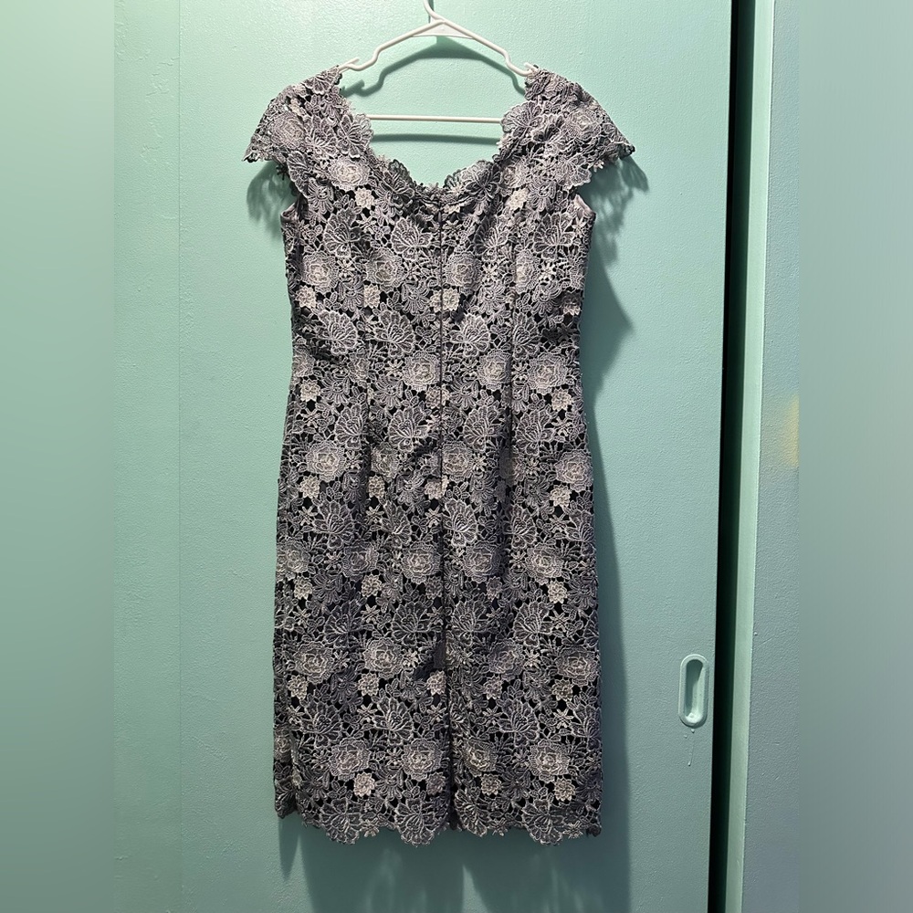 Lace Grey Gradient Blue Cap Sleeve Dress, Size 8, Jacques Vert Polyester
